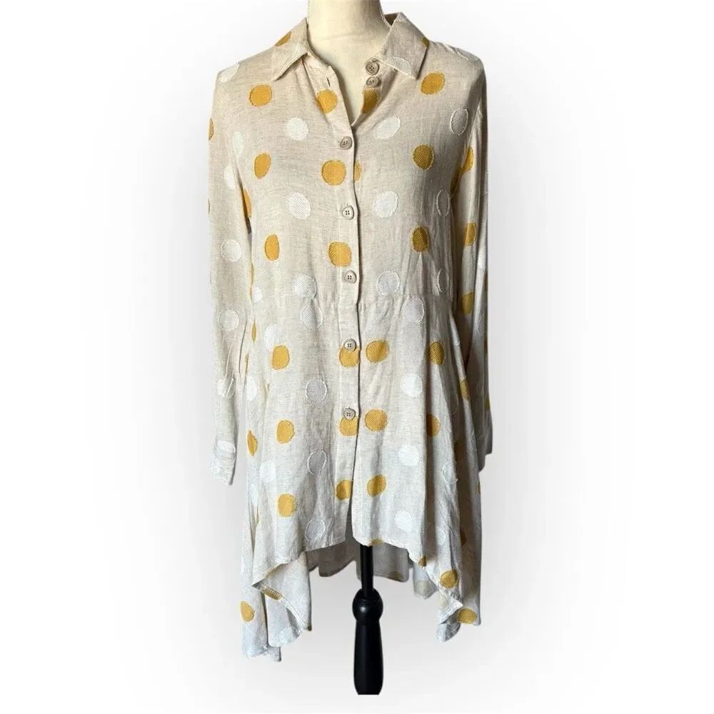 Kozan Linen HighLow Mini Shirt Dress Size Small Button Down Polka Dot Lagenlook